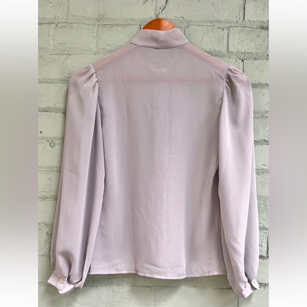 Vintage Sheer Gray Long Sleeve Ruffle Blouse with Bow Tie Collar - Picture 7 of 8